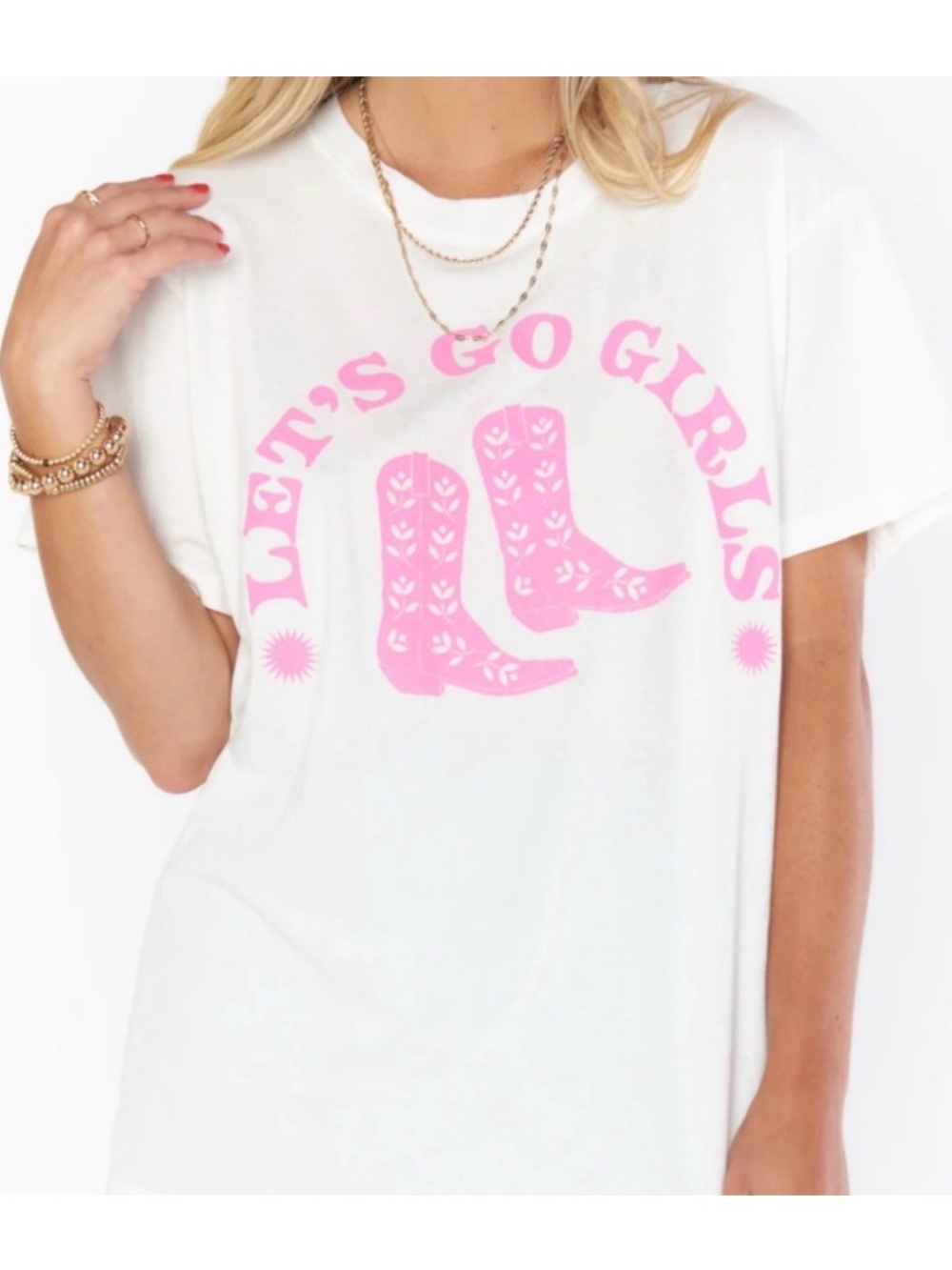 Show Me Your MuMu White Tee with Pink let’s go girls logo
